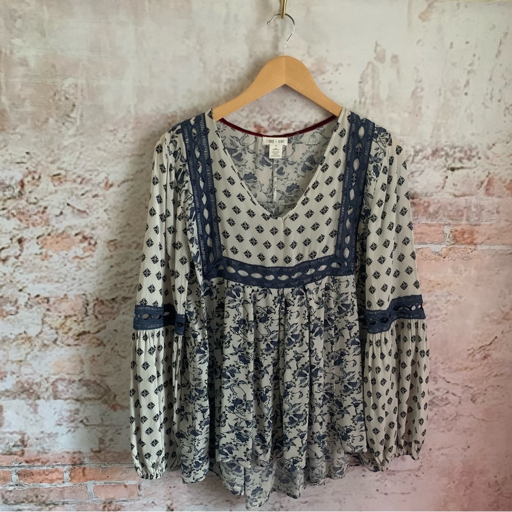 Clover + Scout Boho Peasant Blouse in White and Blue